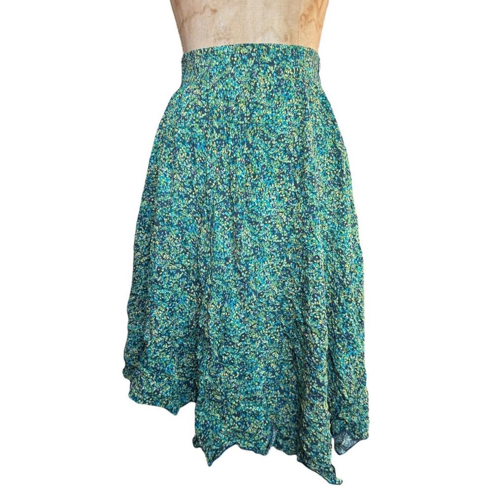 Vintage Cottage core Green blue yellow floral midi skirt with elastic waist S